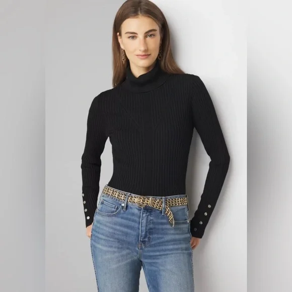 NWT White House Black Market Black Ribbed Turtleneck Sweater With Button Sleeve - Picture 2 of 5
